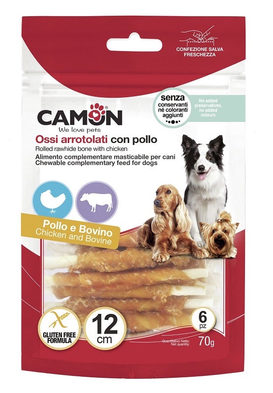 Camon Rolls Di Pelle Bovina Con Pollo Per Cani 17cm 140g 3 Pezzi