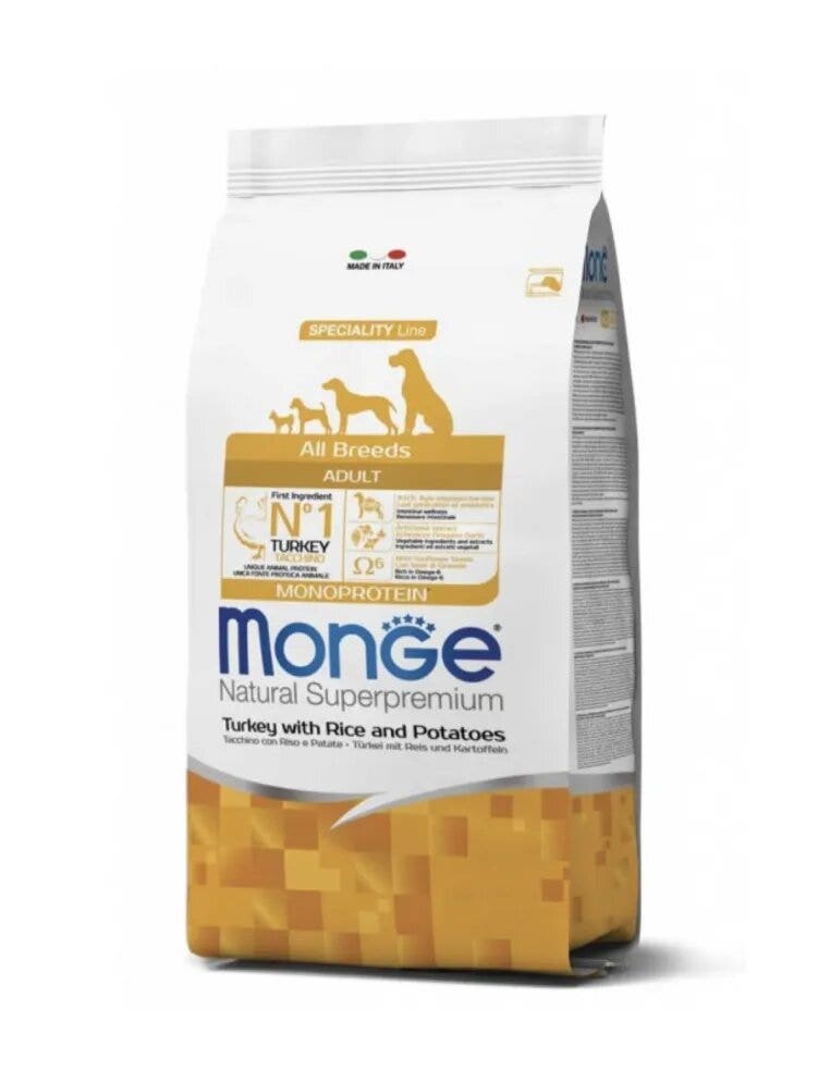 Monge natural superpremium monoprotein  cibo secco tacchino riso e patate per cani adulti tutte le taglie 2,5kg