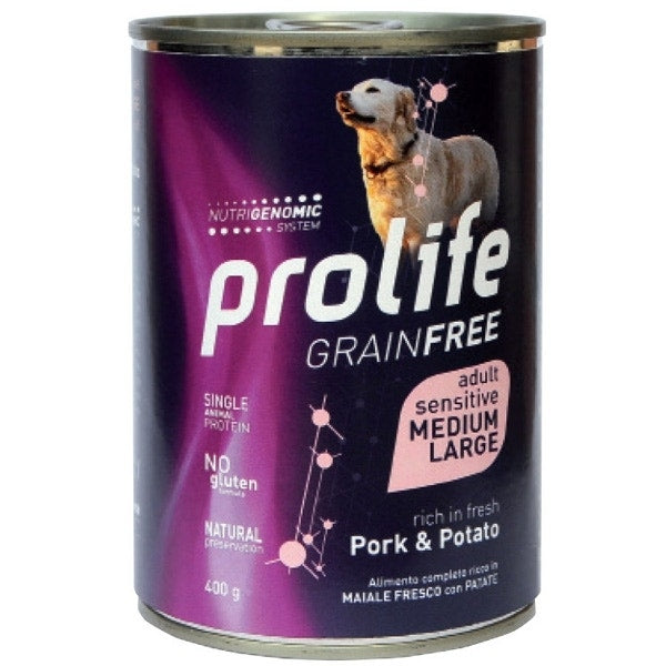 Prolife Grain Free Maiale Con Patate Cibo Umido Per Cani Adulti Taglia Media/Grande Lattina 400g