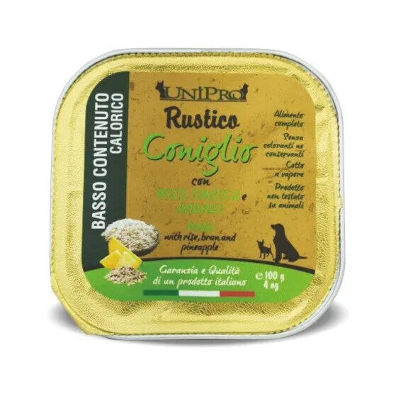 Unipro Rustico Coniglio Con Riso/Crusca/Ananas Per Cani Sovrappeso Vaschetta 100g