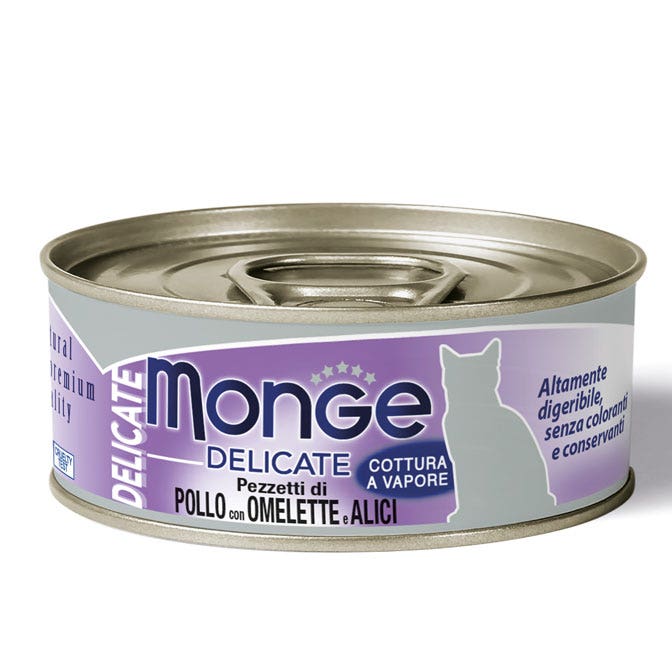 Monge Delicate Pezzetti di Pollo Con Omelette E Acciughine Cibo Umido Per Gatti Adulti 80g