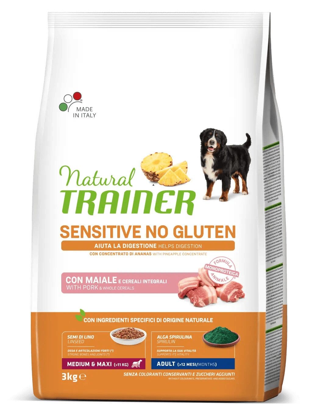 Natural Trainer Sensitive Senza Glutine Crocchette Maiale Per Cani Adulti Taglia Media/Grande Sacco 3kg