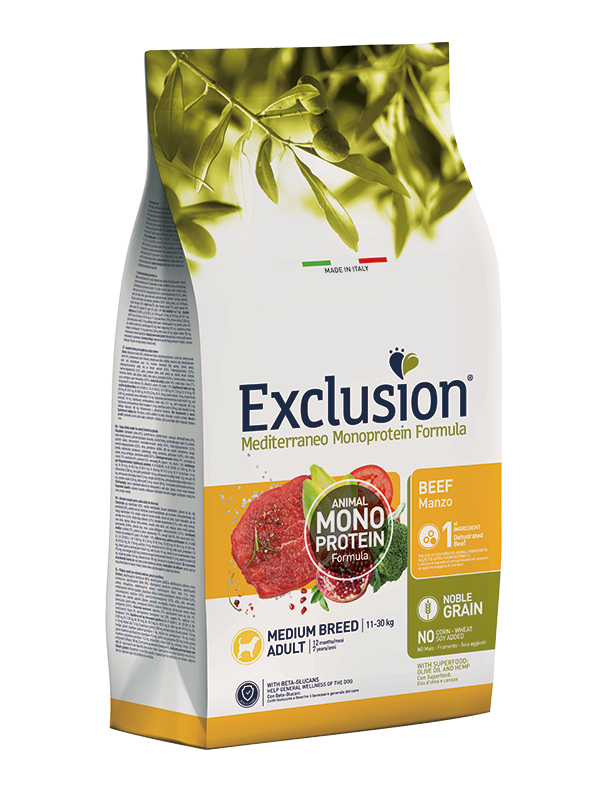 Exclusion Mediterraneo Monoprotein Formula Noble Grain Beef Crocchette Con Manzo Per Cani Adulti Taglia Media Sacco 3kg