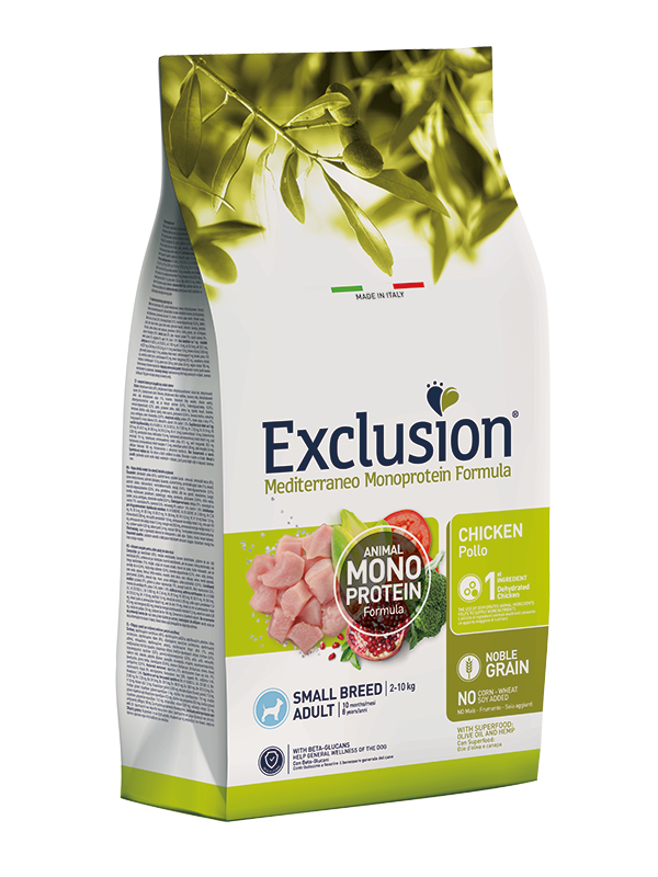 Exclusion Mediterraneo Monoprotein Formula Noble Grain Cibo Secco Con Pollo Cani Adulti Taglia Small Sacco 2kg