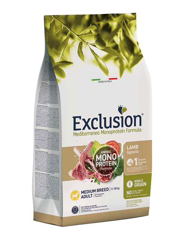 Exclusion Mediterraneo Monoprotein Formula Noble Grain Lamb Crocchette Con Agnello Per Cani Adulti Taglia Media Sacco 12kg