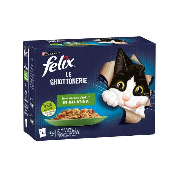 Purina Felix Le Ghiottonerie Manzo/Pollo /Salmone/Trota Con Verdure Cibo Umido Gatti Adulti Busta 12x85g