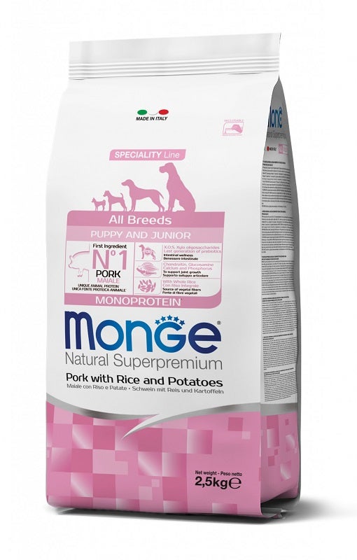 Monge Natural Superpremium All Breeds Maiale Con RIso Patate Cibo Secco Cani Cuccioli Sacco 2,5Kg