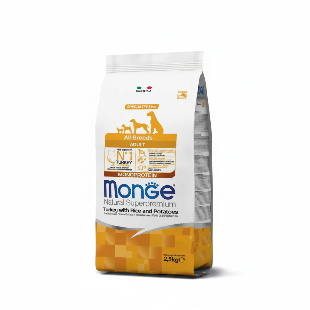 Monge natural superpremium monoprotein cibo secco tacchino riso e patate per cani adulti tutte le taglie sacco 12kg