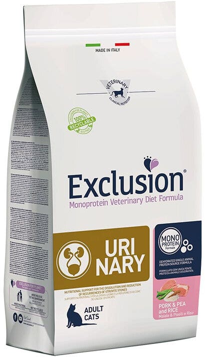 Exclusion Monoprotein Vet Diet Urinary Cibo Secco Maiale Piselli E Riso Per Gatti 1,5kg