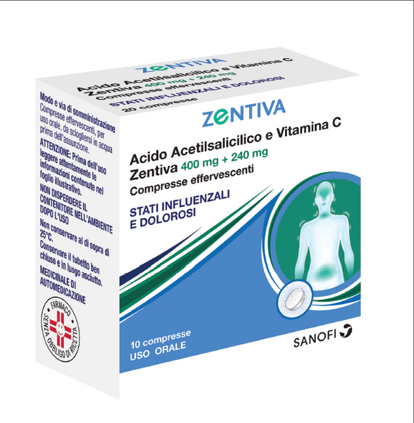 Acido acetilsalicilico e vitamina c (zentiva) 10 compresse effervescenti 400mg + 240 mg