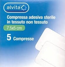 Alvita garza compressa adesiva sterile in tessuto non tessuto estensibile bianco 7,2x5cm 5 pezzi
