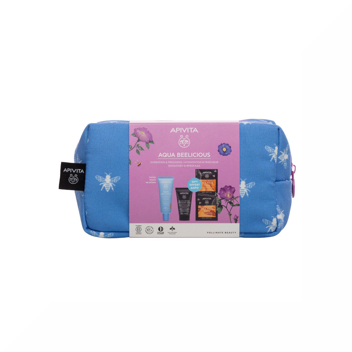 Apivita aqua beelicious crema idratante colorata healthy glow spf30+gel detergente viso+ maschera+ pochette