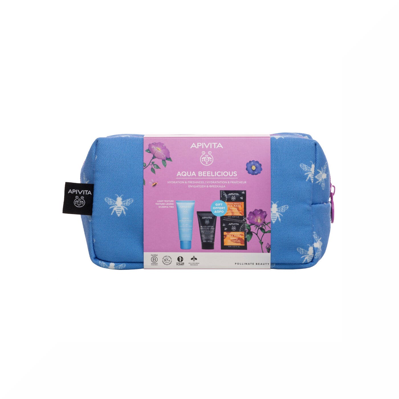 Apivita aqua beelicious texture leggera+ gel detergente viso+ maschera+ pochette