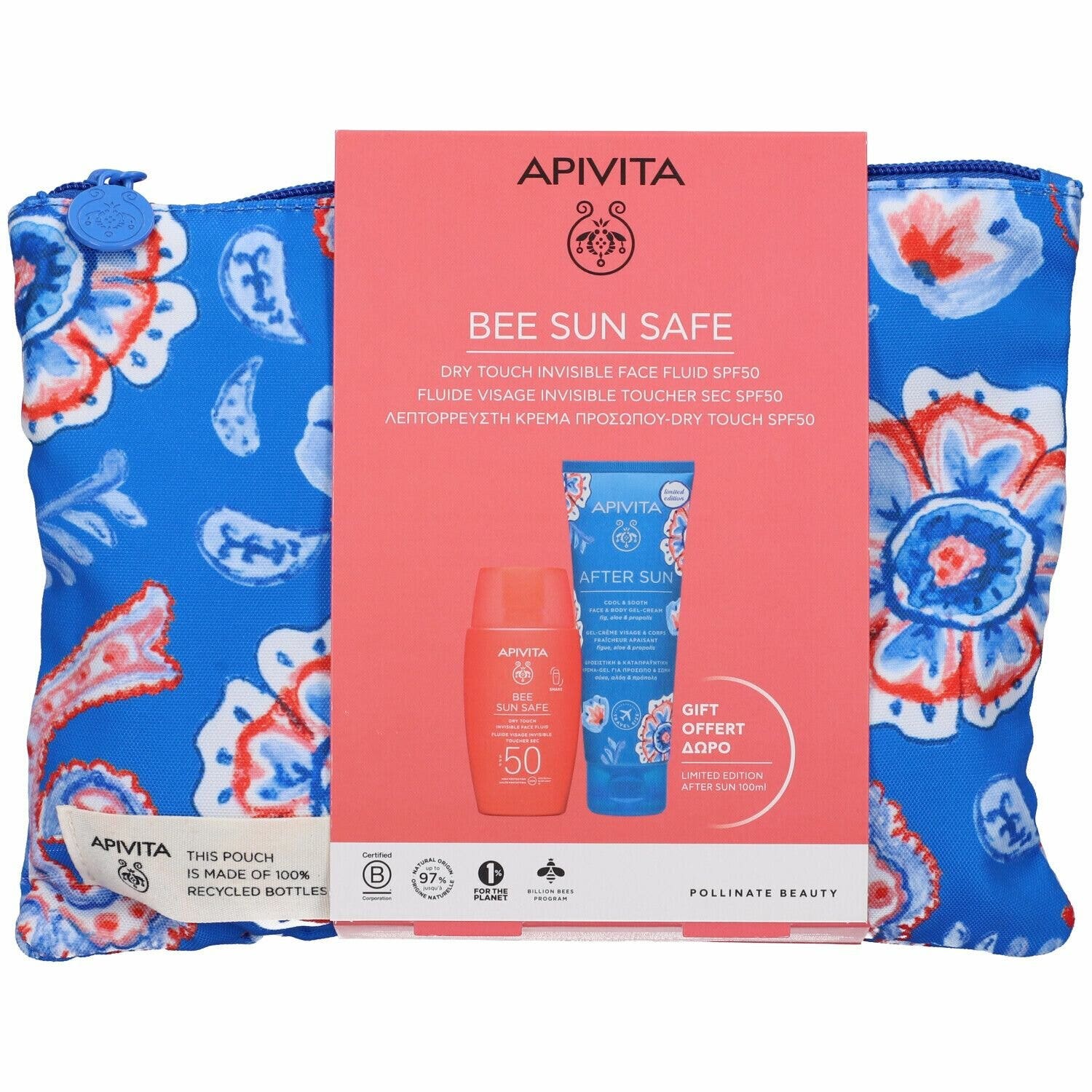 Apivita bee sun safe dry touch fluido viso invisibile spf50 50ml + doposole 100ml + borsa