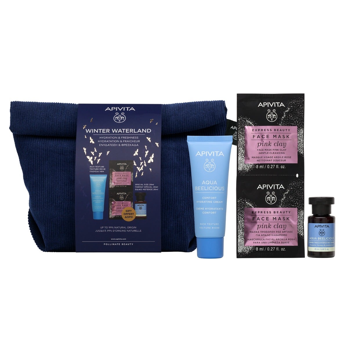 Apivita cofanetto aqua beelicious crema comfort idratante 40ml+tonico idratante 20ml+maschera argilla rosa 2x8ml