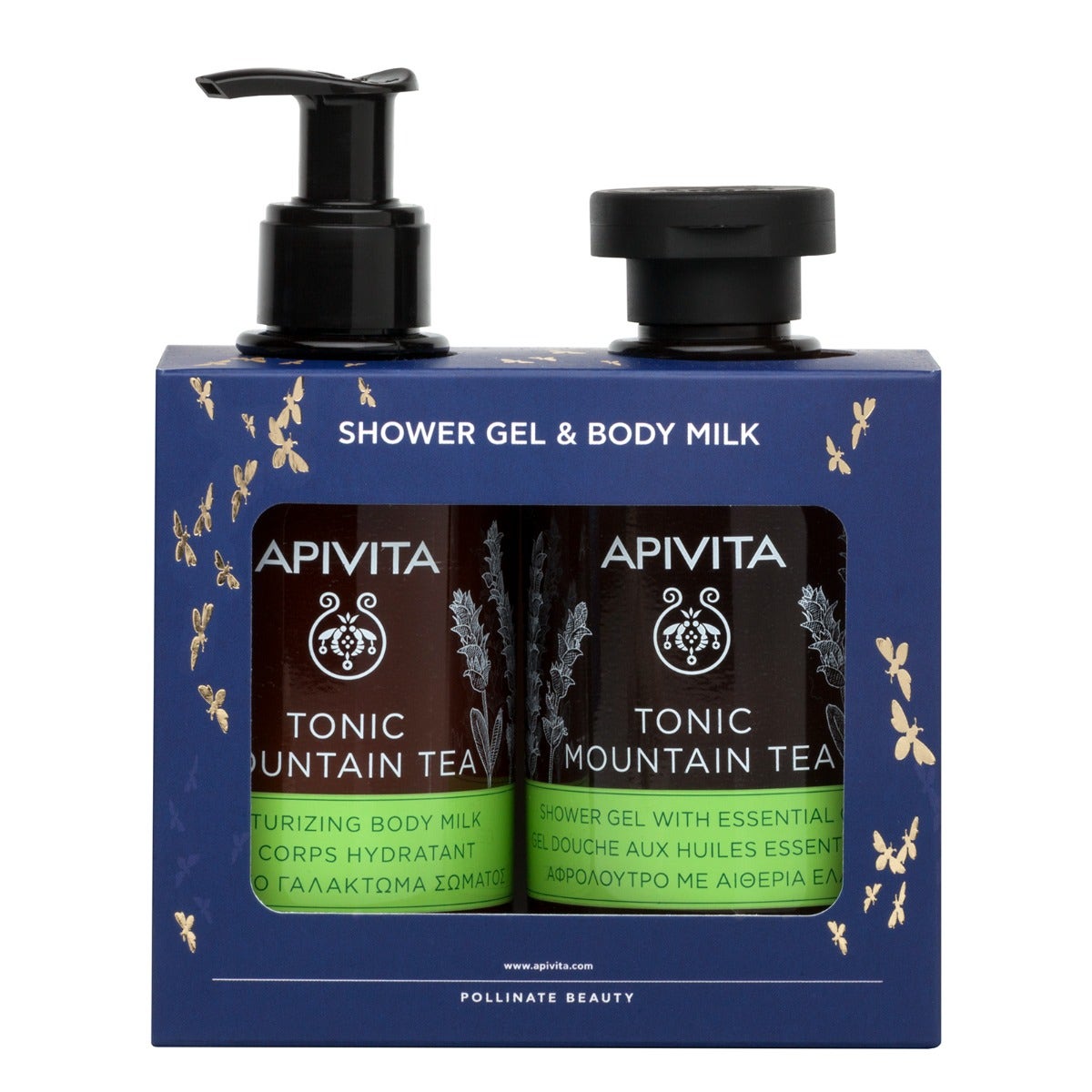 Apivita cofanetto gel doccia 250ml + latte corpo al tè di montagna 200ml