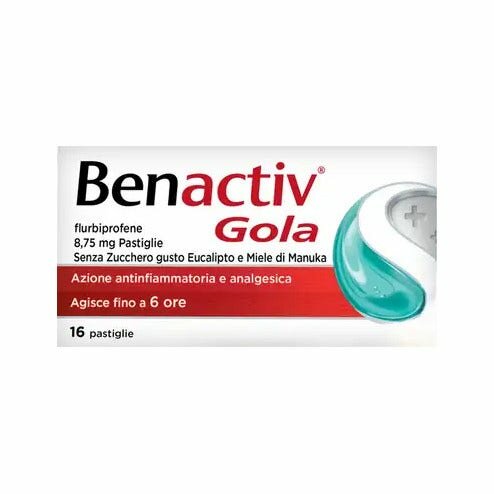 Benactiv gola per il mal di gola 16 pastiglie gusto miele di manuka e eucalipto senza zucchero