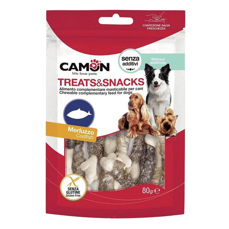 Camon treats & snacks ossicini arrotolati con pelle di merluzzo per cani 80g