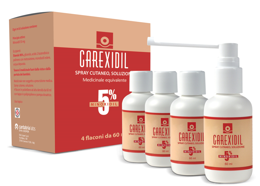 Carexidil 5% spray cutaneo soluzione, 4 flaconi in hdpe da 60 ml con pompa dosatrice