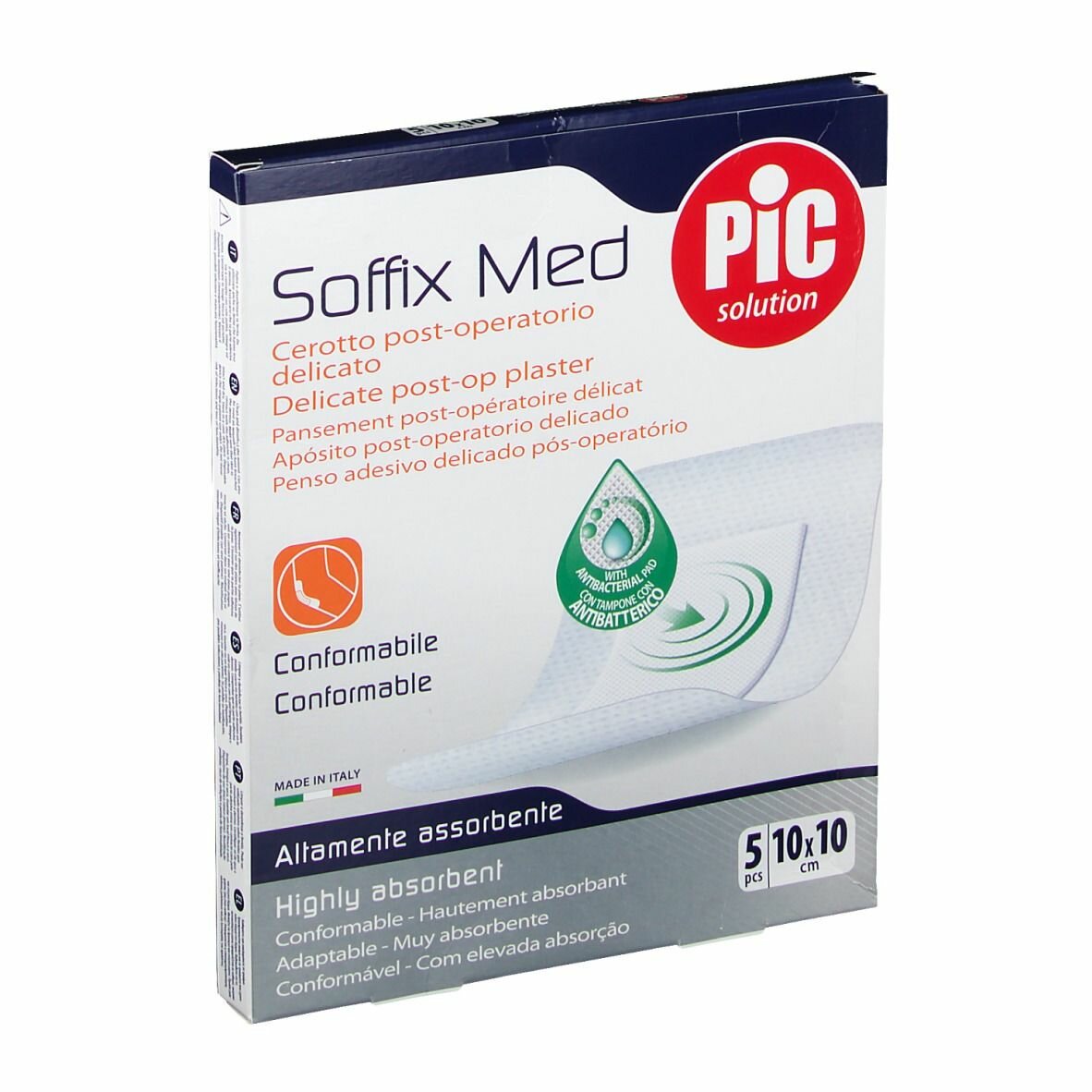 Cerotto pic soffix med in tnt con tampone centrale assorbente sterile monouso 10x10 cm antibatterico 5 pezzi
