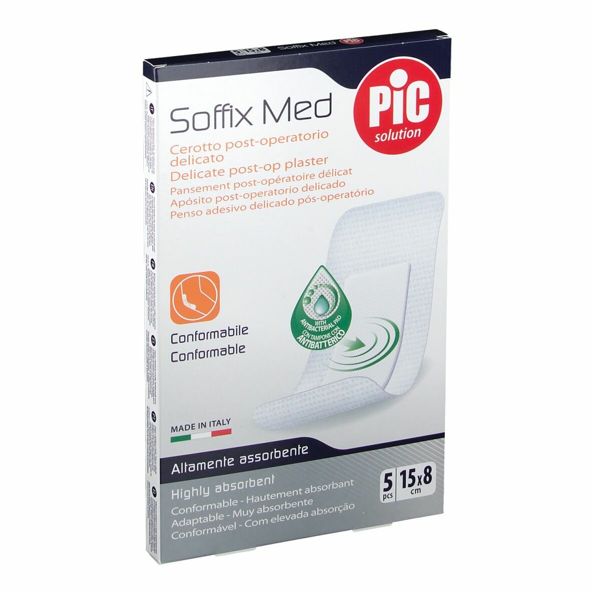 Cerotto pic soffix med in tnt con tampone centrale assorbente sterile monouso 15x8 cm antibatterico 5 pezzi