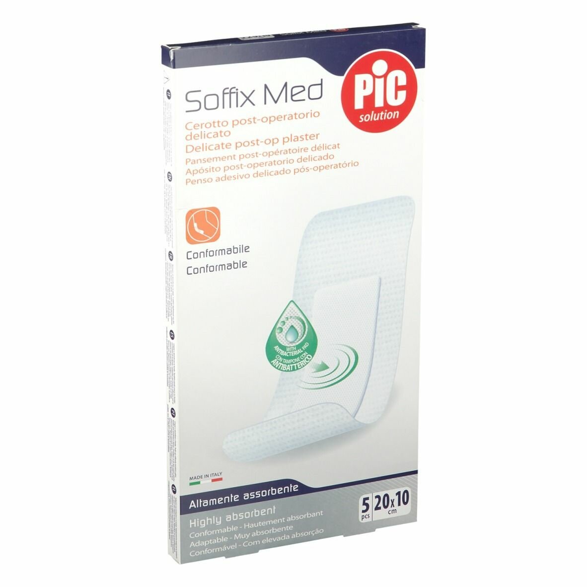Cerotto pic soffix med in tnt con tampone centrale assorbente sterile monouso 10x20 cm antibatterico 5 pezzi