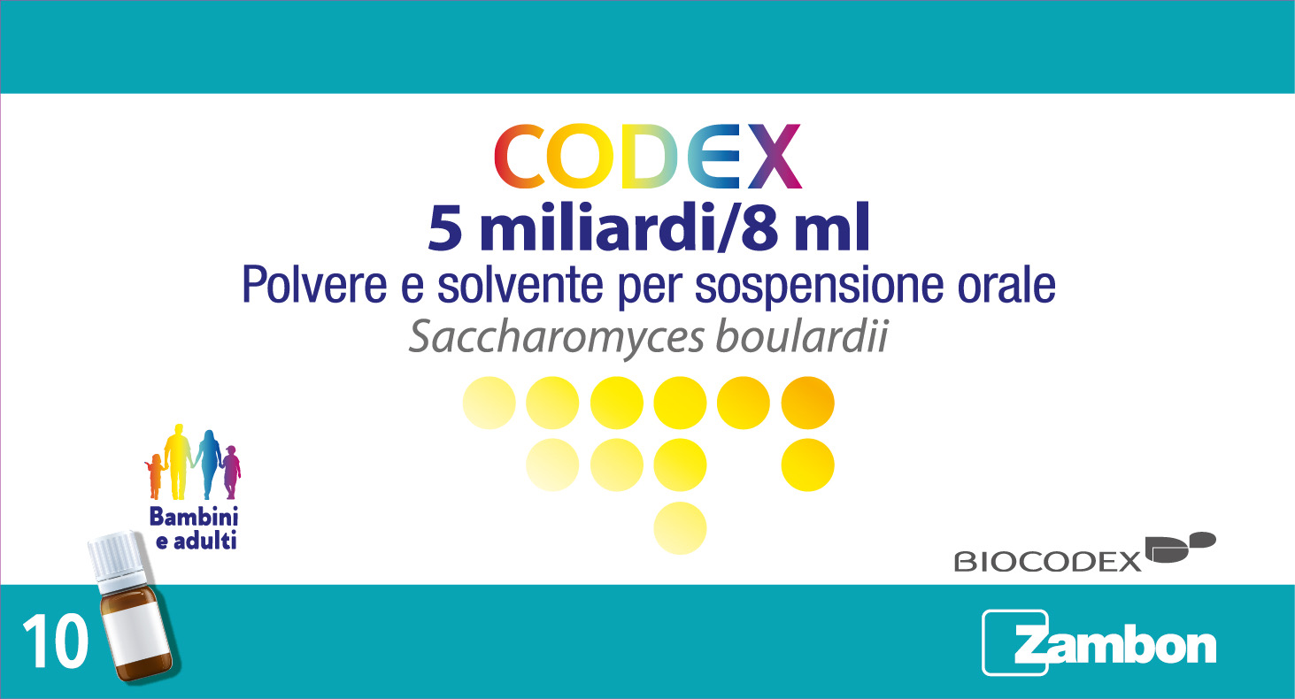 Codex 5 miliardi/8 ml polvere e solvente per sospensione orale 10 flaconcini in pet di solvente con polvere in tappo contenitore in ldpe
