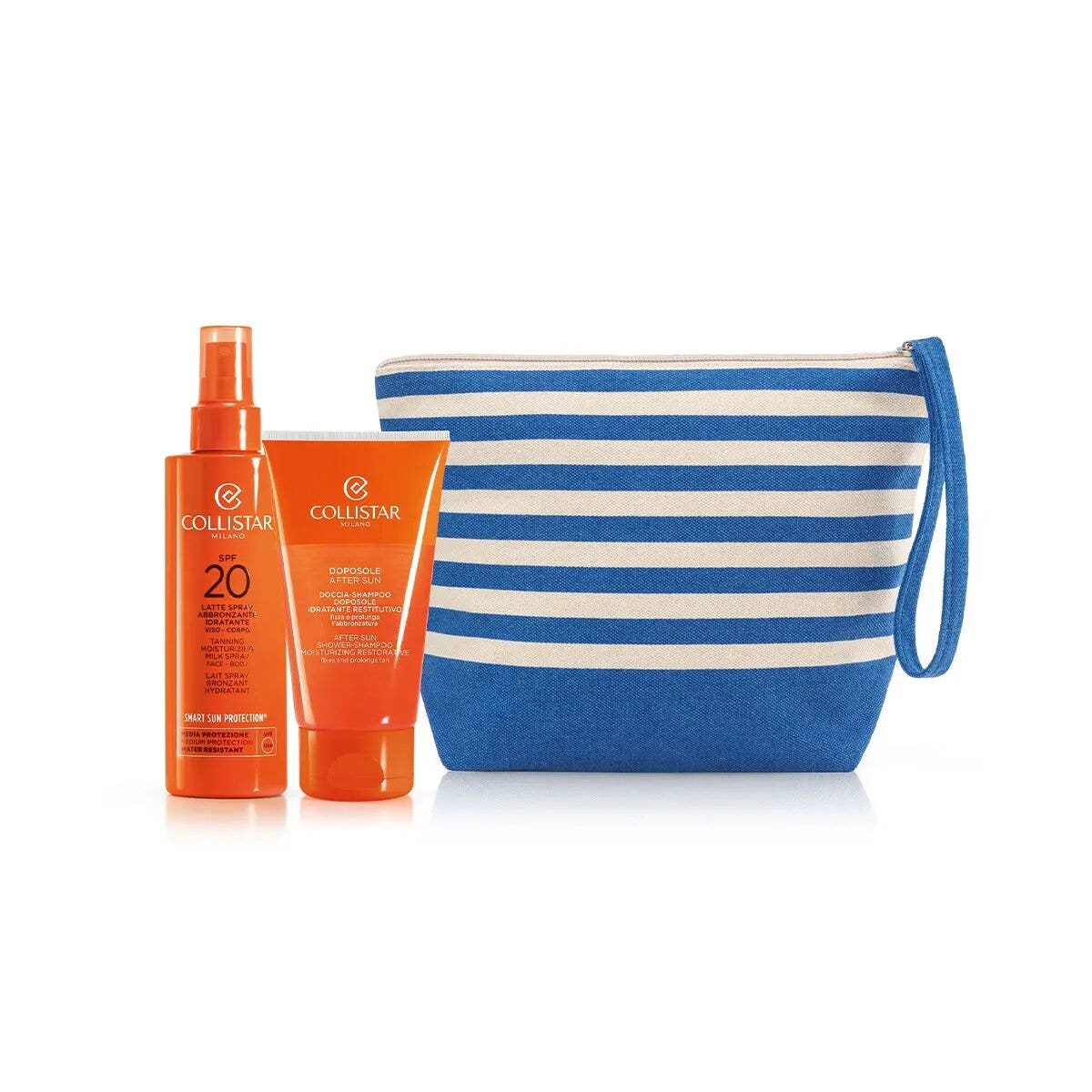 Collistar cofanetto latte spray abbronzante viso e corpo spf20 200ml + shampoo doccia 150ml + pochette