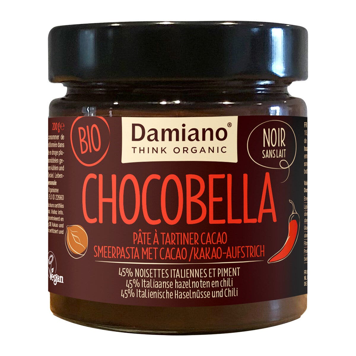 Damiano chocobella noir crema spalmabile al cacao e peperoncino bio 200g