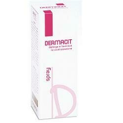 Dermacit spray flacone cilindrico in pe bianco con tasto erogatore spray in pp bianco e cappuccio salvatasto trasparente,dispositivo medico 1 pz