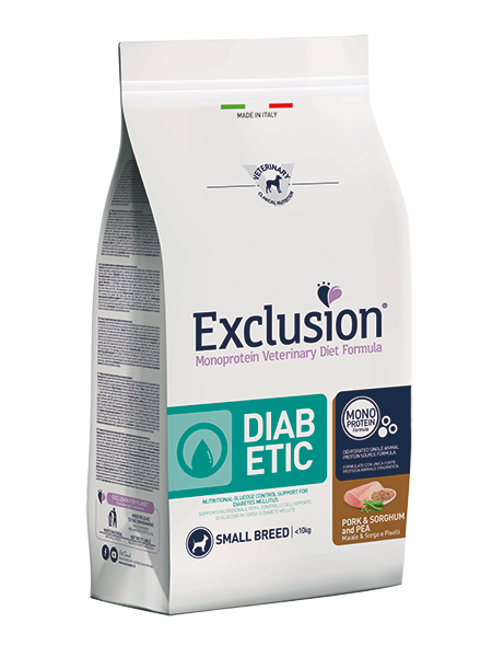 Exclusion monoprotein veterinary diet formula diabetic suino/sorgo/piselli per cani adulti taglia piccola sacco 2kg