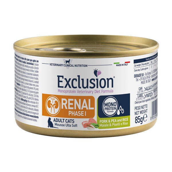 Exclusion monoprotein veterinary diet formula renal phase i pork & pea and rice cibo umido per gatti 85g