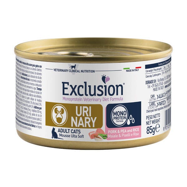 Exclusion monoprotein veterinary diet formula urinary pork & pea and rice cibo umido per gatti 85g