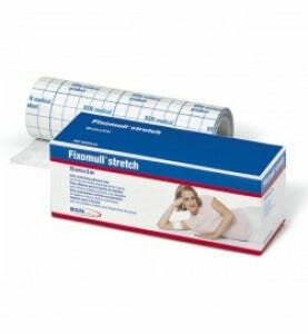 Fascia autoadesiva ipoallergenica fissaggio cateteri fixomull stretch. supporto in poliestere non tessuto bianco, massain policarbonato senza resine e gomme naturali. 30x1000cm