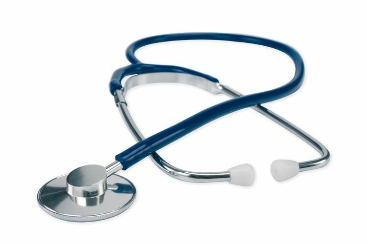 Fonendoscopio logiko con testa piatta in alluminio anodizzato diametro 45 mm altezza 10 mm tubo ad y in gomma di latticeblu diametro 5 mm lunghezza 60 cm