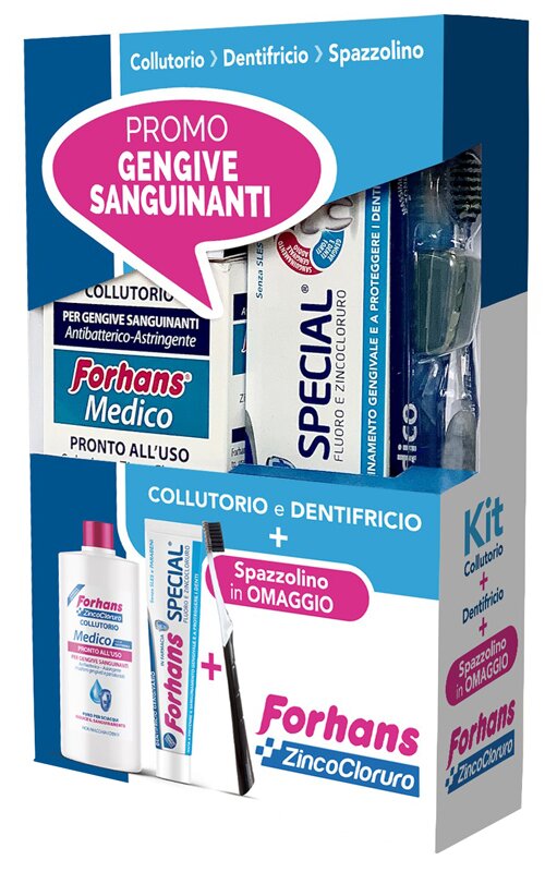 Forhans kit gengive sanguinanti 1 forhans collutorio medico 250 ml + 1 forhans dentifricio special 75 ml + 1 forhans spazzolino medico in omaggio