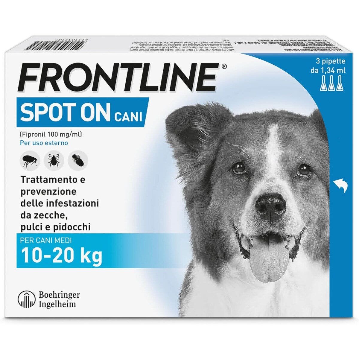 Frontline spot-on cani - 134 mg soluzione spot on per cani da 10 a 20 kg 3 pipette da 1,34 ml