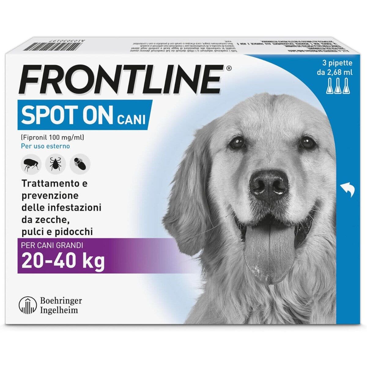 Frontline spot-on cani - 268 mg soluzione spot on per cani da 20 a 40 kg 3 pipette da 2,68 ml