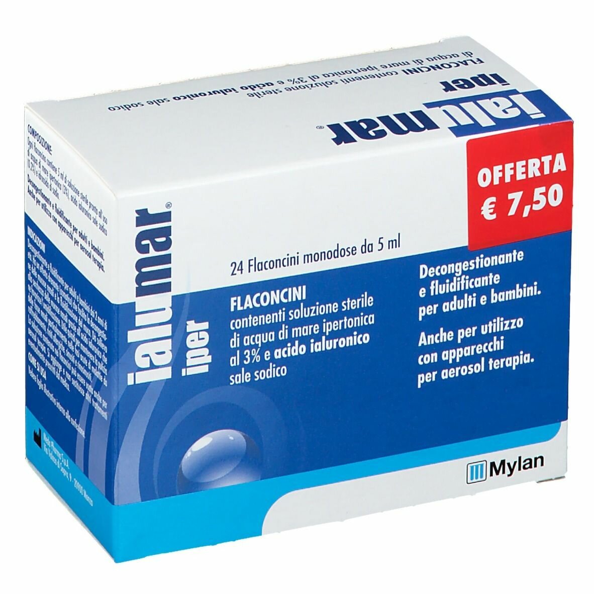 Ialumar iper 24 flaconcini monodose da 5 ml con soluzione sterile di acqua di mare ipertonica 3% e acido ialuoronico promozione