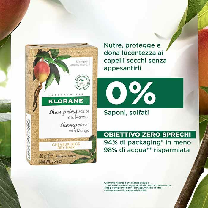 Klorane Shampoo Solido al Mango Nutritivo Capelli Secchi 80 g