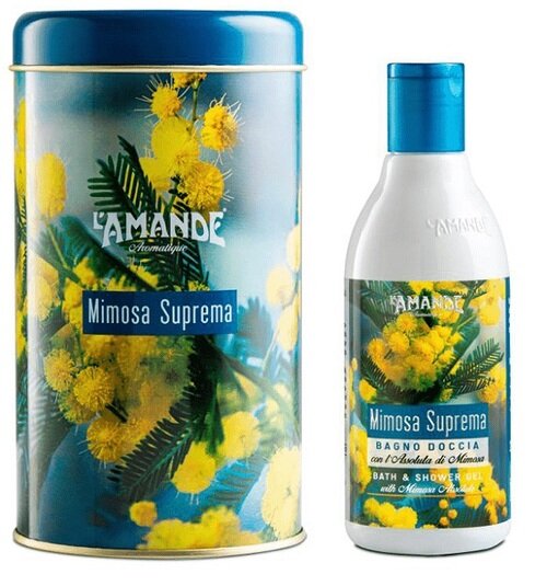 L'amande mimosa suprema boite metallica cilindrica bagnodoccia 250 ml