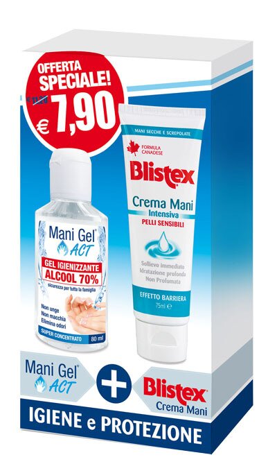 Mani curate confezione promo blistex crema mani intensiva pelli sensibili 75 ml + mani gel active igienizzante alcoolico 70% 80 ml
