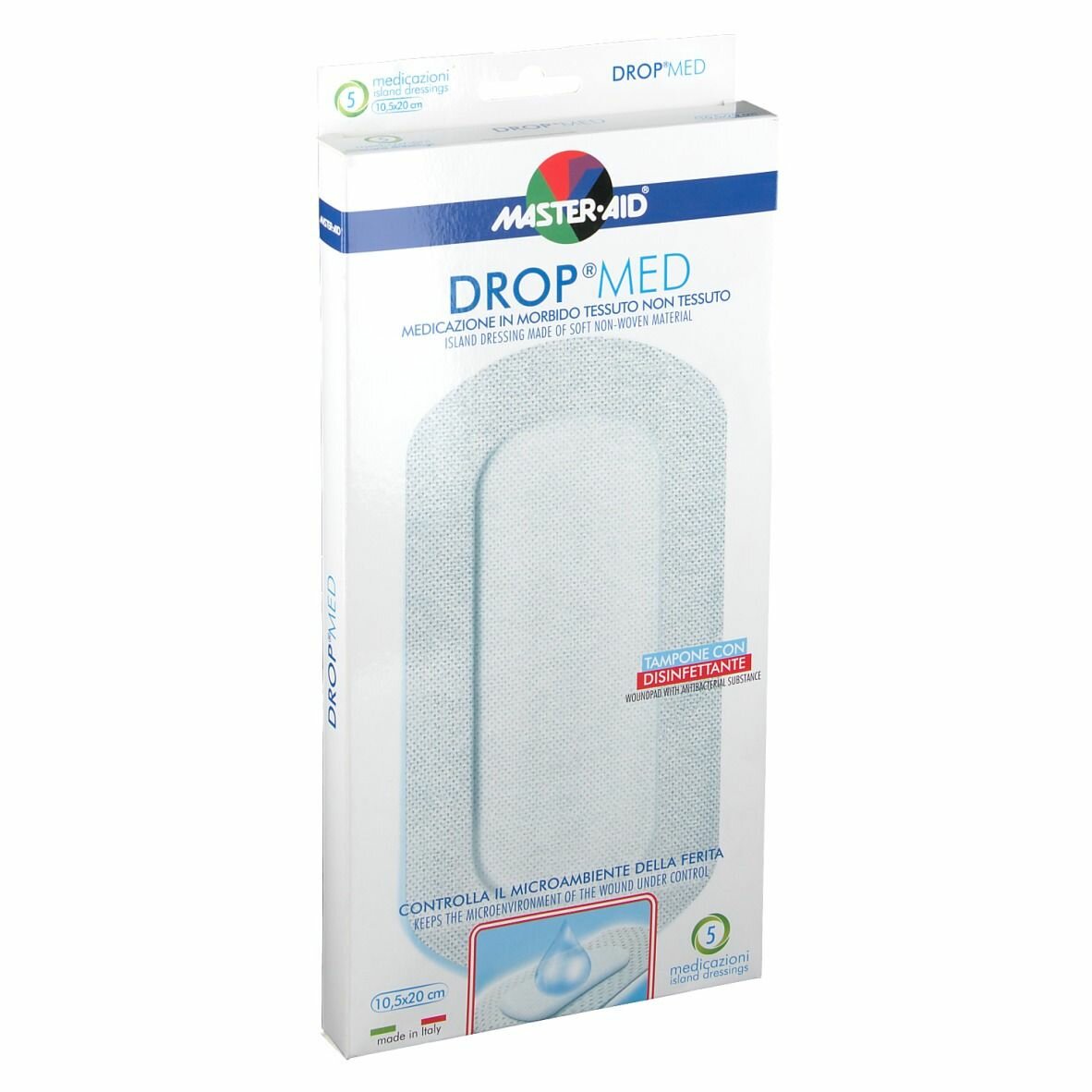 Medicazione compressa autoadesiva dermoattiva ipoallergenicaaerata master-aid drop med 10,5x20 5 pezzi