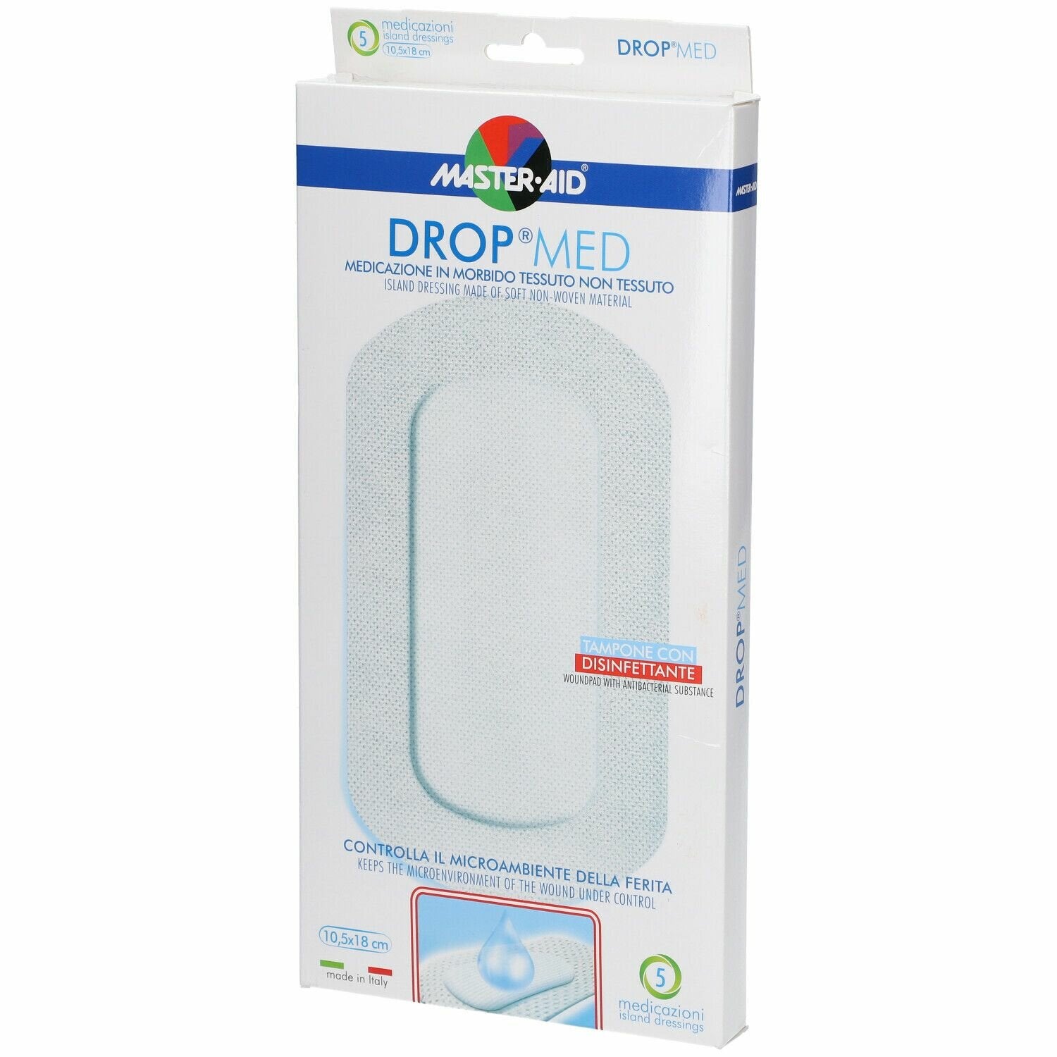 Medicazione compressa autoadesiva dermoattiva ipoallergenicaaerata master-aid drop med 10,5x18 5 pezzi
