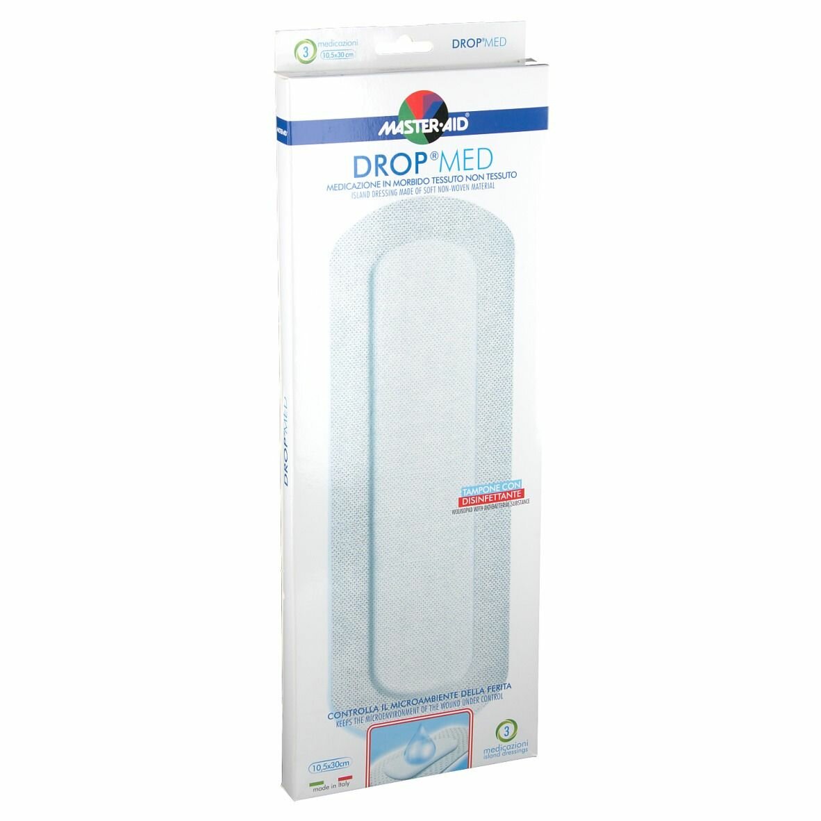 Medicazione compressa autoadesiva dermoattiva ipoallergenicaaerata master-aid drop med 10,5x30 3 pezzi