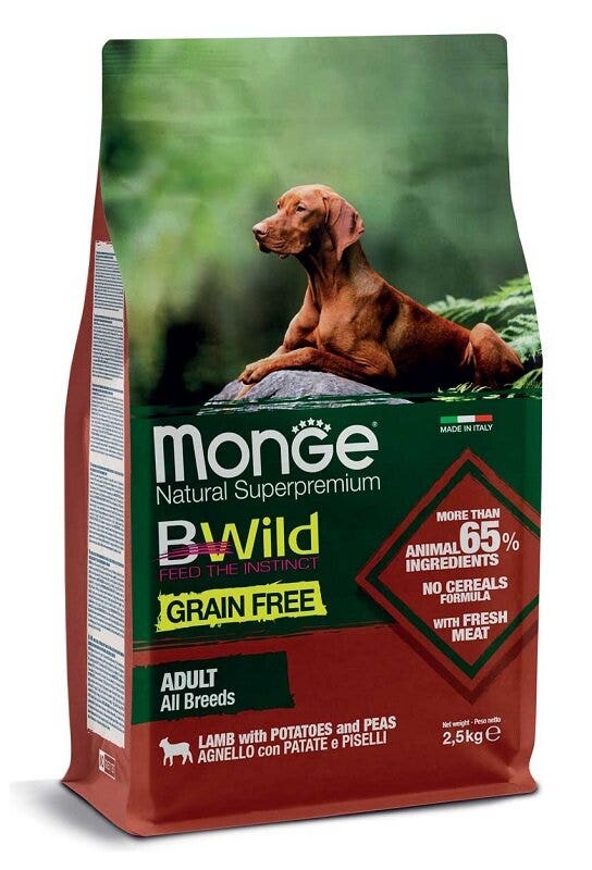 Monge grain free all breeds adult cibo secco agnello con patate e piselli per gatti adulti sacco 2,5kg