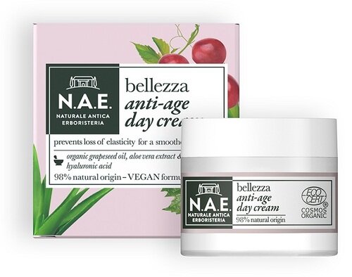Nae crema giorno anti eta' bellezza crema viso olio semi uva estratto aloe vera biologico acido ialuronico formula vegana 50 ml