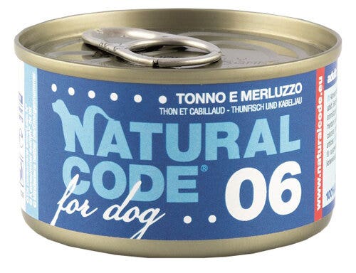 Natural code 06 tonno e merluzzo cani adulti lattina 90g