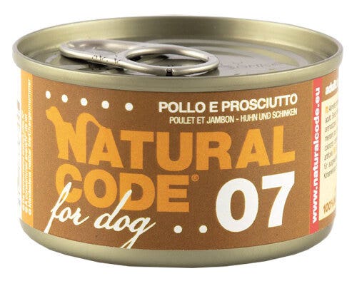Natural code 07 pollo e prosciutto cani adulti lattina 90g