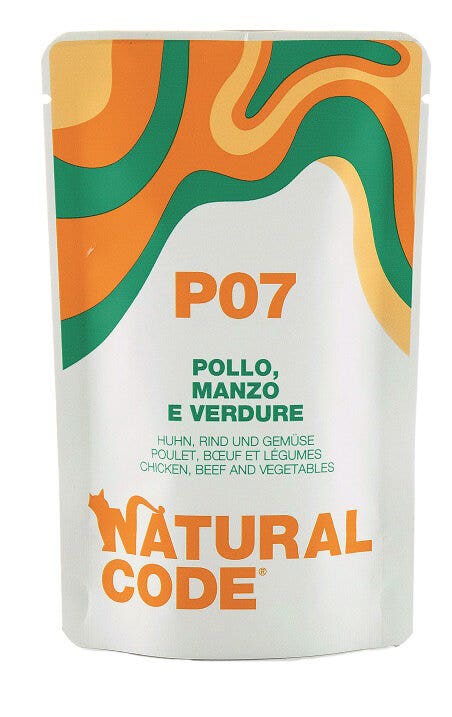 Natural code p07 pollo, manzo e verdure gatti adulti busta 70g